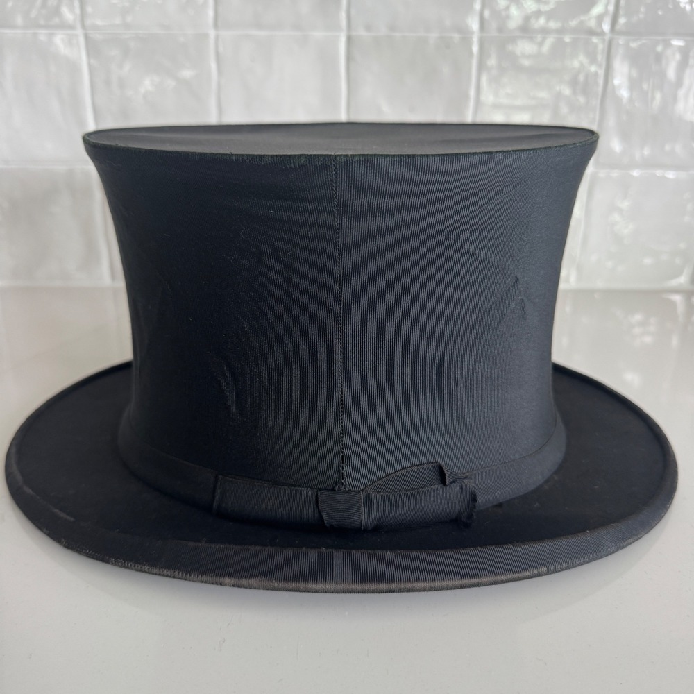 A.J. White Ltd Top Hat Mens 7 1/4 Black Silk Grosgrain Collapsible Opera London - Picture 4 of 13